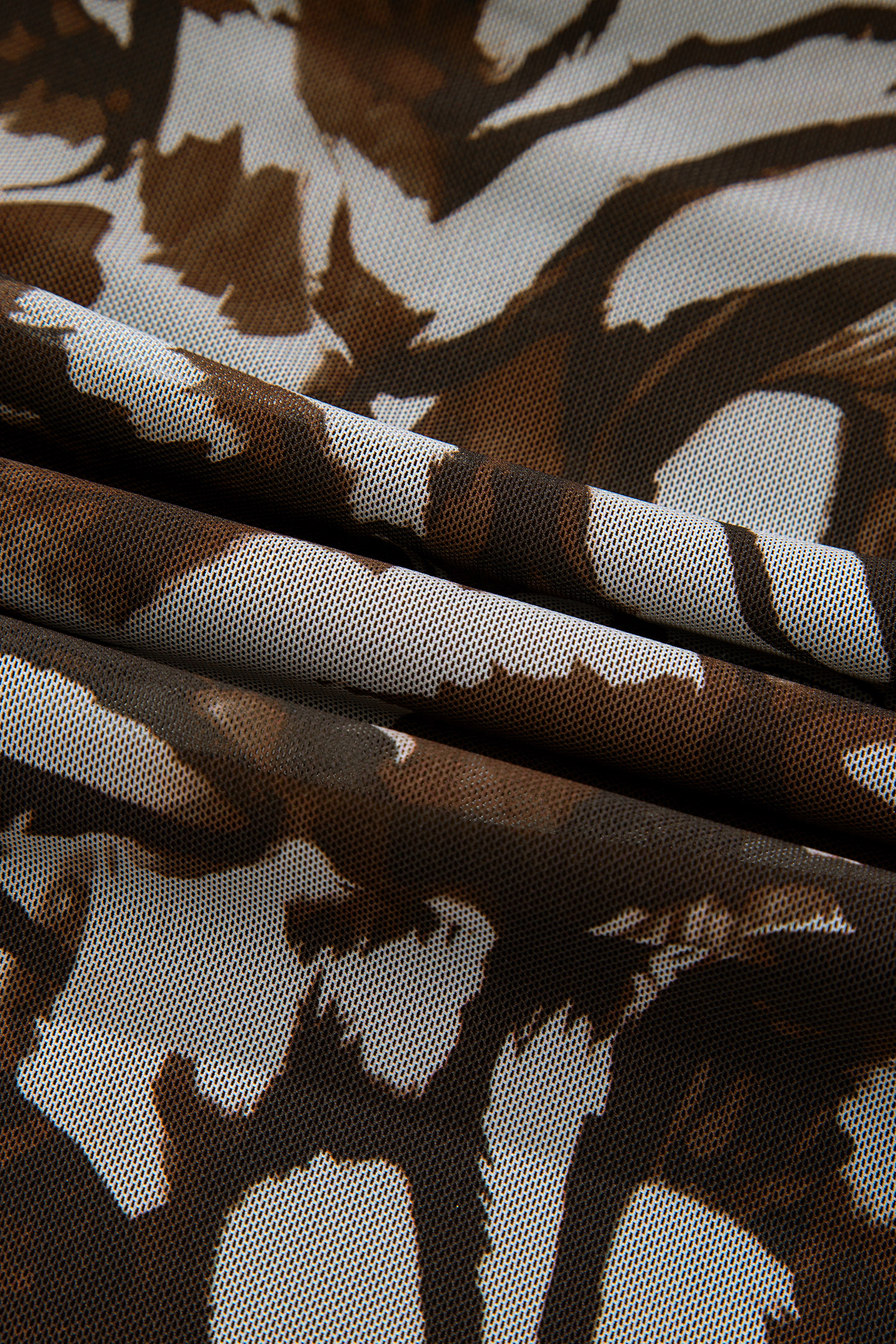 Brown Abstract Print Mesh Cowl Neck Cap Sleeve Ruched Midi Dress with Slit - Image 15