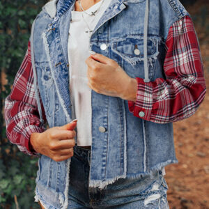 Beau Blue Plaid Print Patchwork Hooded Raw Hem Denim Jacket