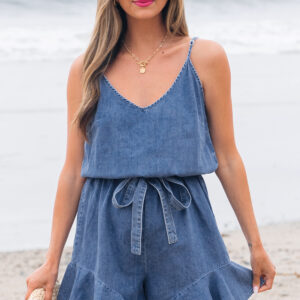 Ashleigh Blue Spaghetti Straps V Neck Belted Ruffled Leg Chambray Romper