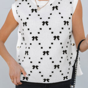 White Bow Pattern Buttoned Side Cropped Sweater Vest