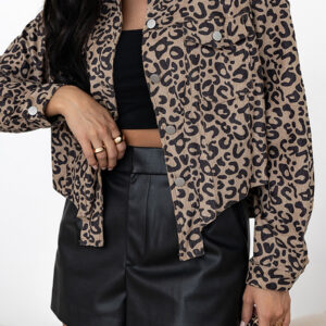 Dark Khaki Leopard Print Corduroy Irregular Hem Buttoned Jacket