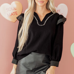 Black Contrast Stitched Detail V Neck Ruffle Long Sleeve Blouse