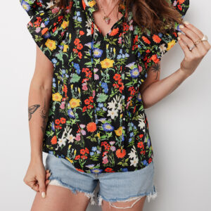 Black Tiered Flutter Sleeve V Neck Flower Blouse