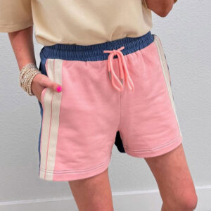Pink Color Block Patchwork Varsity Striped Detail Drawstring Elastic Waist Shorts