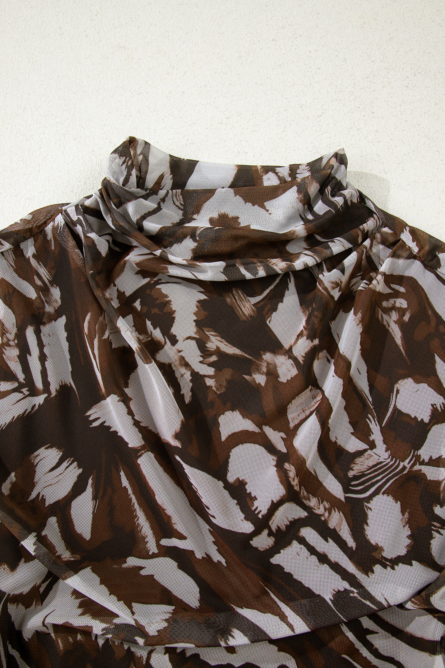 Brown Abstract Print Mesh Cowl Neck Cap Sleeve Ruched Midi Dress with Slit - Image 14