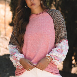 Fushia Mixed Print Raglan Sleeve Ribbed Knit Patchwork Blouse