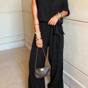 Black Checkered Mesh One Shoulder Short Sleeve Knotted Waist Jumpsuit