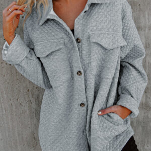 Gray Retro Quilted Flap Pocket Button Shacket