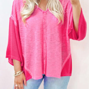 Sachet Pink Contrast Patchwork 3/4 Sleeve V Neck Loose Blouse