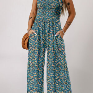 Green Floral Print Smocked High Waist Square Neck Jumpsuit
