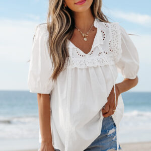 White Embroidered Lace Patchwork Tie Neck Puff Short Sleeve Blouse