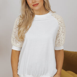 White Lace Crochet Short Sleeve Round Neck T Shirt