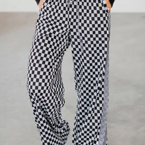 White Checkerboard Drawstring Waist Casual Pants