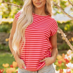 Red Stripe Ribbed Cap Sleeve Round Neck T Shirt