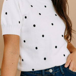White Elegant Polka Dot Bubble Short Sleeve Sweater