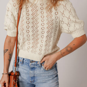 Beige Hollowed Pattern Knit Short Puff Sleeve Sweater