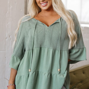 Laurel Green Tie Split Neck Textured Ruffle Patchwork Blouse