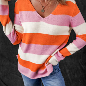 Orange Stripe Colorblock V Neck Casual Sweater