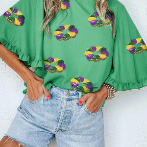 Green Sequin Doughnut Graphic Ruffled Trim Bell Sleeve Mardi Gras Blouse