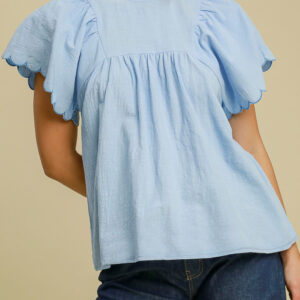 Beau Blue Solid Color Embroidered Scalloped Sleeves Crew Neck Blouse