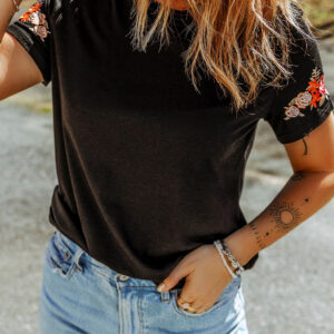 Black Floral Embroidered Round Neck Short Sleeve T Shirt
