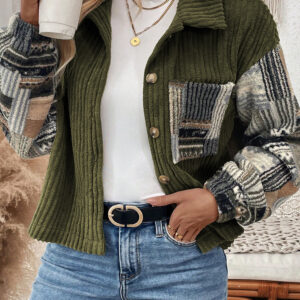 Jungle Green Ribbed Fleece Plaid Print Patchwork Button Up Jacket