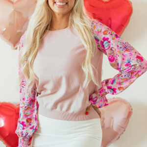 Oatmeal Floral Printed Patchwork Smocked Lantern Sleeve Knit Top