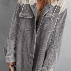 Gray Color Block Button Down Hooded Corduroy Jacket