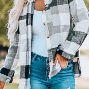 Gray Plaid Color Block Buttoned Long Sleeve Jacket with Pocket