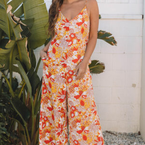 Orange Floral V Neck Wide Leg Sleeveless Jumpsuit