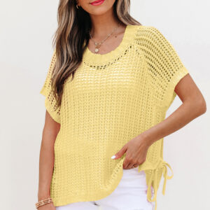 Yellow Cream Hollow-out Crochet Side Tied Short Sleeve Sweater