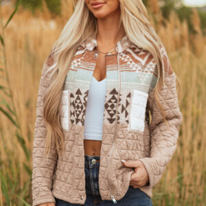 Light French Beige Aztec Quilted Patchwork Western Fashion Jacket