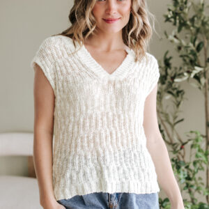 Beige Notched V Neck Short Sleeve Sweater