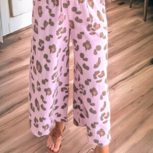 Pink Drawstring Leopard Print Patch Pocket Loose Pants