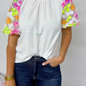 White Smocked Collar Sequin Flower Puff Sleeve Textured Top
