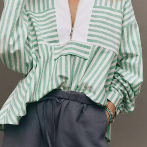 Green Stripe Half Zip Long Sleeve Swing Top
