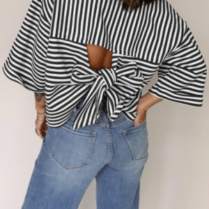 Black Stripe Bowknot Cutout Back Drop Shoulder Wide Bracelet Sleeve Loose Tee
