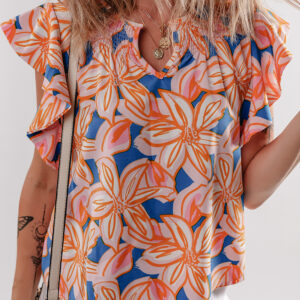 Orange Summer Flower Print Notched Neck Ruffle Sleeve Blouse