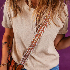 Oatmeal Short Sleeve Half Button Ribbed Knit Top