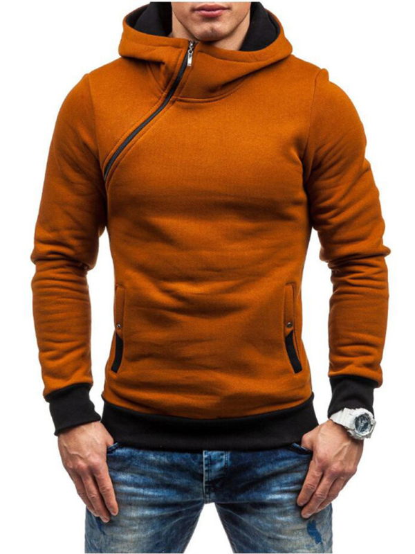 Men's diagonal zipper solid color long-sleeved hoodie - Image 2