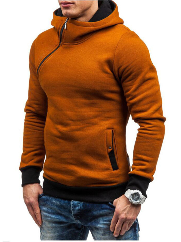 Men's diagonal zipper solid color long-sleeved hoodie - Image 10