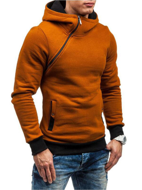 Men's diagonal zipper solid color long-sleeved hoodie - Image 9
