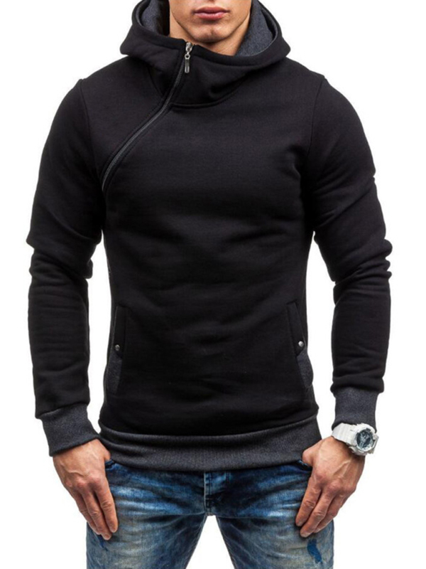 Men's diagonal zipper solid color long-sleeved hoodie - Image 3