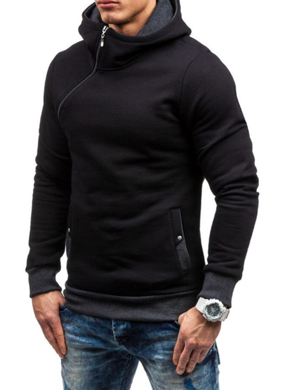 Men's diagonal zipper solid color long-sleeved hoodie - Image 12