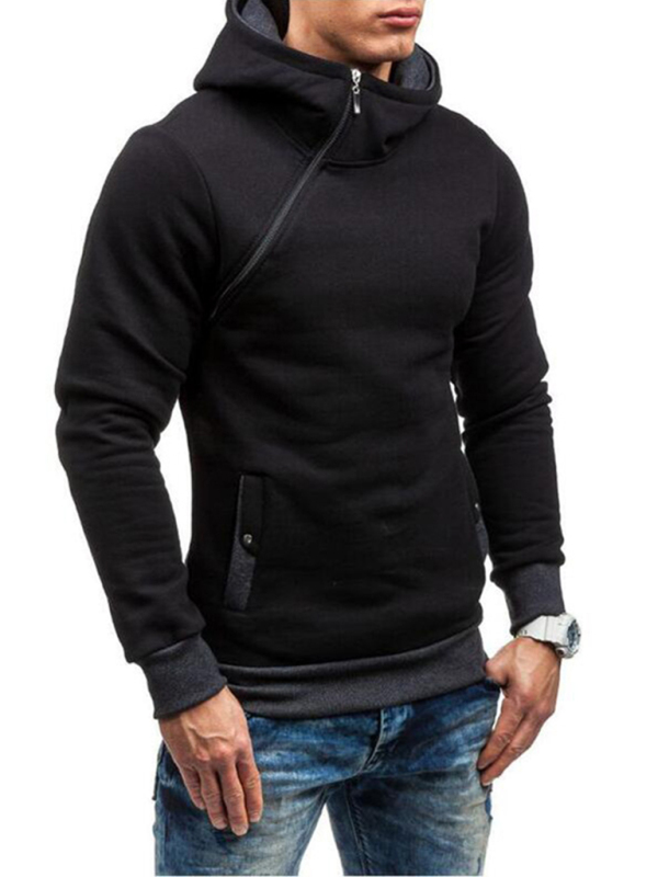 Men's diagonal zipper solid color long-sleeved hoodie - Image 11