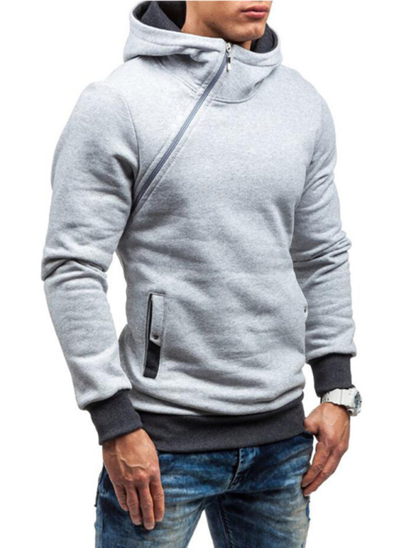Men's diagonal zipper solid color long-sleeved hoodie - Image 4