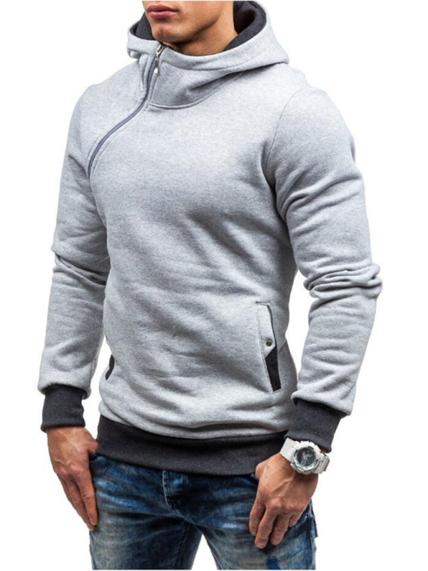 Men's diagonal zipper solid color long-sleeved hoodie - Image 7