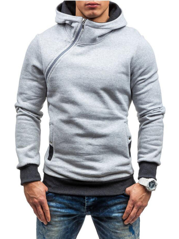 Men's diagonal zipper solid color long-sleeved hoodie - Image 5