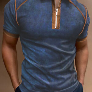 Men's Color Block Zipper Lapel Short Sleeve Polo Shirt
