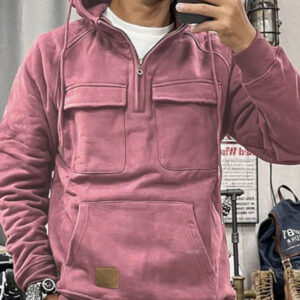 Men's solid color hooded sports multi-pocket sweatshirt jacket